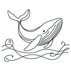 Continuous line drawing featuring a whale, highlighting its fluid movement and elegance in the ocean.