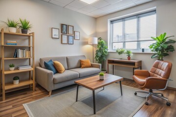 Comfortable therapy room with couch, chair, and desk, conveying a sense of help and support for mental health treatment and depression therapy sessions.