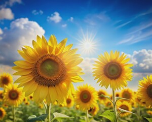 Fototapeta premium Vibrant sunflowers bloom against a soft blue sky, with a few petals gently swaying, and a large empty space around them, perfect for adding text or emotions.