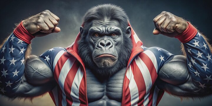 Fierce gorilla, resembling a patriotic monster, dons a flag-inspired onesie, its intimidating gaze and muscle-bound physique evoking a sense of unsettling national pride.