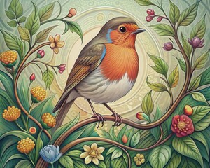 Delicate Art Nouveau illustration of a robin in profile, adorned with intricate flowers, vines, and foliage in a vibrant, whimsical nature-inspired backdrop.