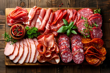 A wooden board with a variety of meats and vegetables, including pepperoni, salami, and basil