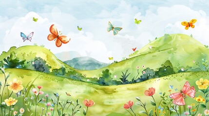 Springtime Watercolor Scene - Capture the essence of spring in a whimsical watercolor scene with lush green hills, clear blue sky