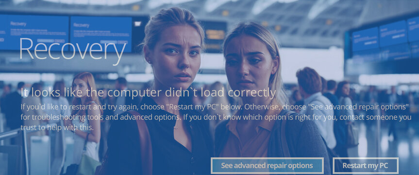 bluescreens blue screens at airport, young adult woman, female age 18 to 30,blond long hair tied back, traveling at an airport, confused and disorientated, flight canceled or missed