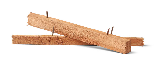 scrape wood pieces with protruding nails isolated white background, left over from construction or demolition projects, injury risk and safety concern concept