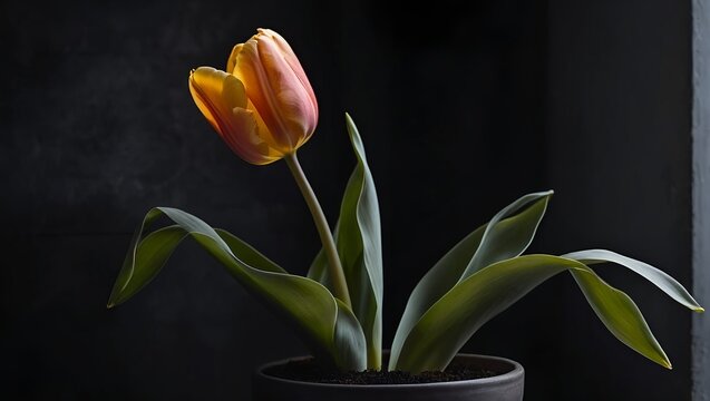 low saturation wildlife photograph of a single tulip flower in a pot in a black background 