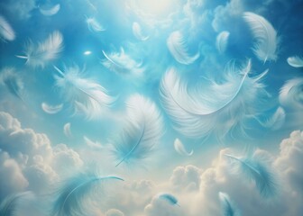 Obraz premium Soft, wispy light blue clouds evoke a gentle, calming springtime atmosphere in this abstract texture, featuring feathery whisps and creamy hues on a serene blue background.