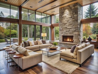 Fototapeta premium Elegant indoor space with sleek lines, organic shapes, and retro flair, featuring a statement stone fireplace, plush sectional sofa, and floor-to-ceiling windows.