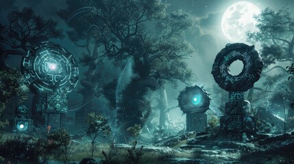 Mechanical constructs of ancient runes and mystic symbols engaged in a clash of arcane energies within a mystical forest bathed in moonlight.