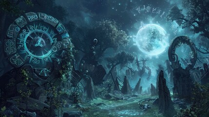 Mechanical constructs of ancient runes and mystic symbols locked in an arcane duel within a mystical forest bathed in ethereal moonlight.