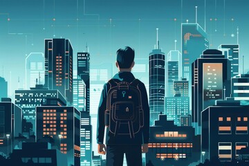 Academic figures transitioning to a professional world depicted by a digital cityscape, showcasing growth and career achievements, modern and inspiring design