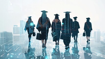 Academic graduates silhouetted against a backdrop of a futuristic city, showcasing the path from learning to career achievement, enhanced with digital and holographic effects