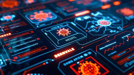 Digital interface with prominent virus warnings and red alert symbols, highlighting potential cybersecurity threats, dark background with glowing red and blue accents