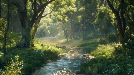 Serene Shaded Forest Glade with Sparkling Stream Surrounded by Ancient Trees