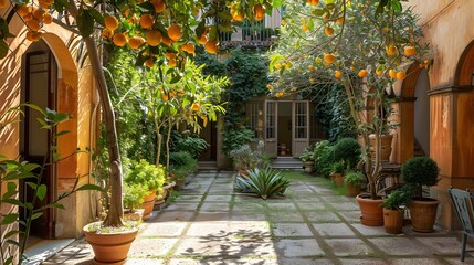 Shaded Courtyard Garden in Charming Mediterranean Villa with Citrus Trees