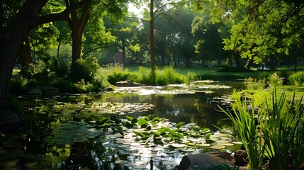 Naklejka premium Tranquil Pond in Lush Shady Park with Ducks and Lily Pads