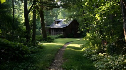 Tranquil Woodland Trail Leading to Rustic Cabin Retreat