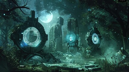 Mechanical constructs of ancient runes and mystic symbols locked in an arcane duel within a mystical forest bathed in ethereal moonlight.