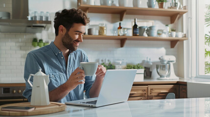 A white unshaven man is sitting at the kitchen table with a laptop and a cup of coffee in his hands. He smiles and enjoys his time. The stylish kitchen is well equipped
