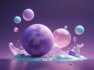 Fototapeta premium abstract glowing 3d render of planet star and moon that floating on the air at night with purple lilac background. Abstract scene of pastel ball, bubble soaps Magic scene