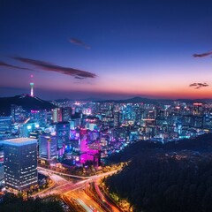 네온사인 불빛이 빛나는 도심 풍경, Cityscape with glowing neon signs