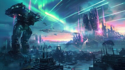 Mechanical constructs powered by arcane energy clashing in a futuristic cityscape under a sky lit with streaks of celestial auroras.