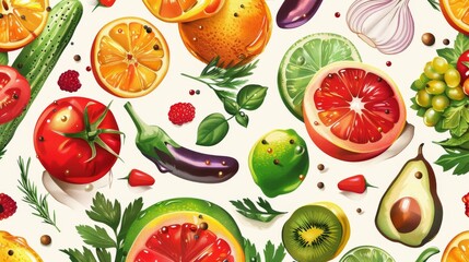 Healthy food-themed wallpaper with a mix of fruits, vegetables, and spices in a seamless, artistic design