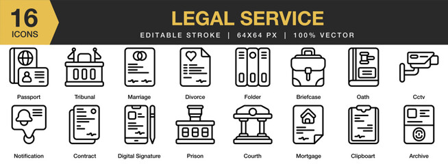Set of 16 Legal Service icon set. Editable Stroke Icon Collection. Includes archive, cctv, contact, marriage, mortgage, and More. Outline icons vector collection.
