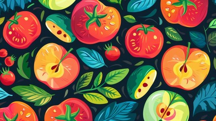 Flat design of apples, tomatoes, and leafy greens, arranged in a seamless, vibrant pattern for culinary decor