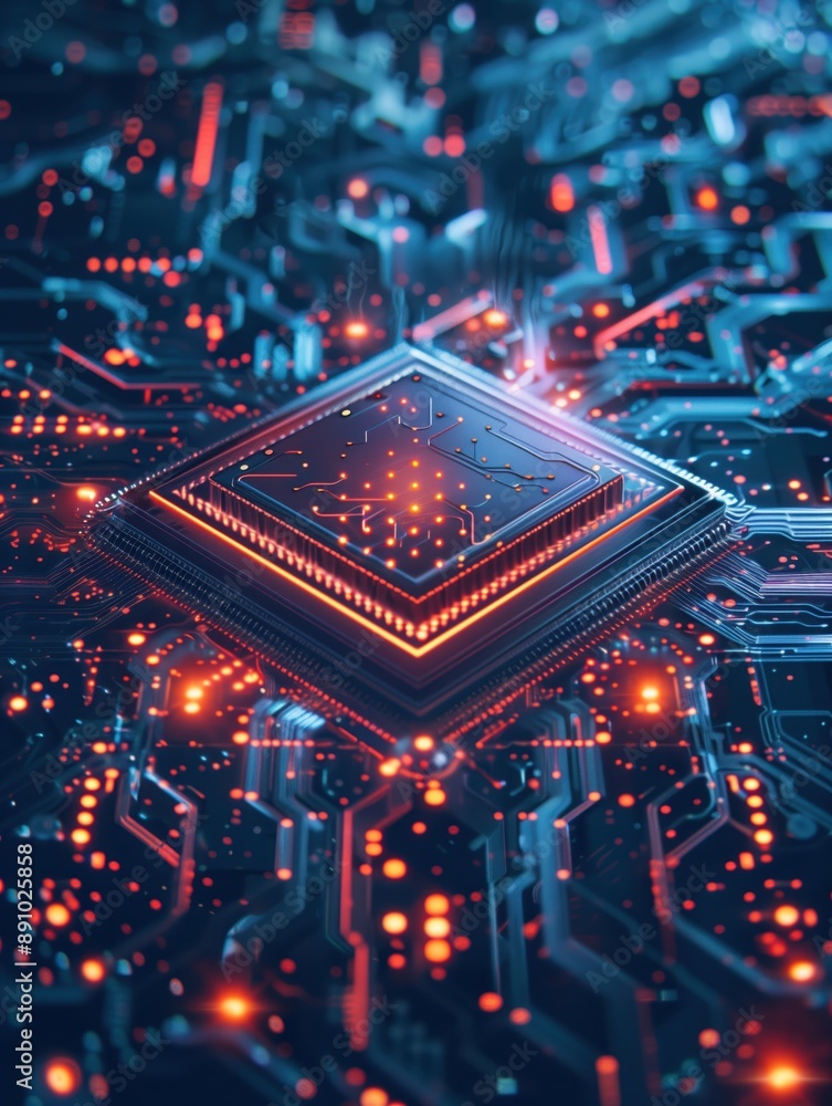 Poster futuristic microchip design, glowing circuitry with intricate patterns, vibrant lights illuminate a 
