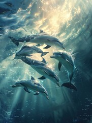 Obraz premium A playful grey dolphin leaps from the deep blue sea, showcasing the vibrant underwater marine wildlife