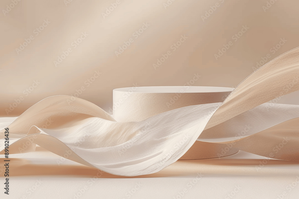 Poster 3d abstract minimal background with empty podium and cream ribbon for cosmetic product presentation