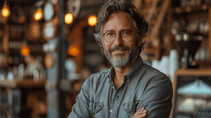 Fototapeta premium Middle-aged man with beard and glasses smiling while working on laptop in coffee shop, professional photography with natural light