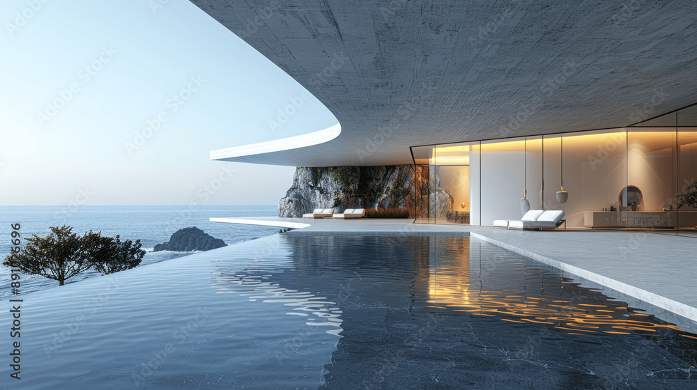 Poster 3d render minimalist modern architecture with concrete floor on sea background wide angle lens open 