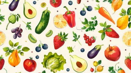 Obraz premium Seamless culinary-themed design with a variety of colorful fruits and vegetables, perfect for kitchen decoration
