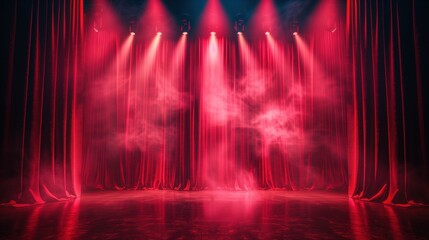 Theater stage illuminated with warm red lights, ethereal fog swirling, luxurious velvet curtains framing the scene, anticipatory atmosphere before a performance.