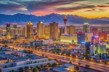 Obraz premium Vibrant downtown Las Vegas cityscape at dusk, featuring bright neon lights, sleek skyscrapers, and bustling streets surrounded by desert landscape and distant mountains.