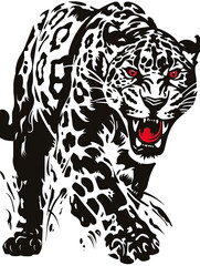 Fototapeta premium A black and white tiger with red eyes and a red tongue. The tiger is walking with its mouth open and its tongue hanging out