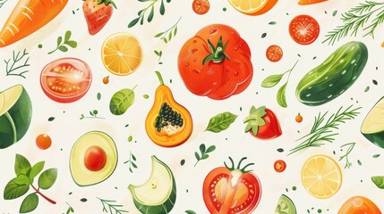 Obraz premium Healthy food wallpaper featuring vibrant illustrations of various fresh produce and herbs in a seamless pattern