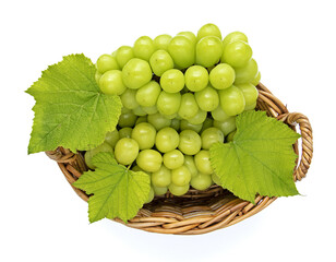 Close up of two bunch of green grape with fruits and leaves on bamboo basket and white floor, South Korea
