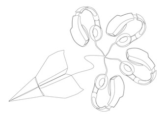 One continuous line of Paper Airplane with Headphones. Thin Line Illustration vector concept. Contour Drawing Creative ideas.