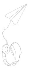 One continuous line of Paper Airplane with Headphones. Thin Line Illustration vector concept. Contour Drawing Creative ideas.
