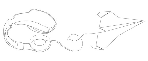 One continuous line of Paper Airplane with Headphones. Thin Line Illustration vector concept. Contour Drawing Creative ideas.