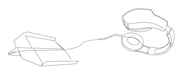 One continuous line of Paper Airplane with Headphones. Thin Line Illustration vector concept. Contour Drawing Creative ideas.