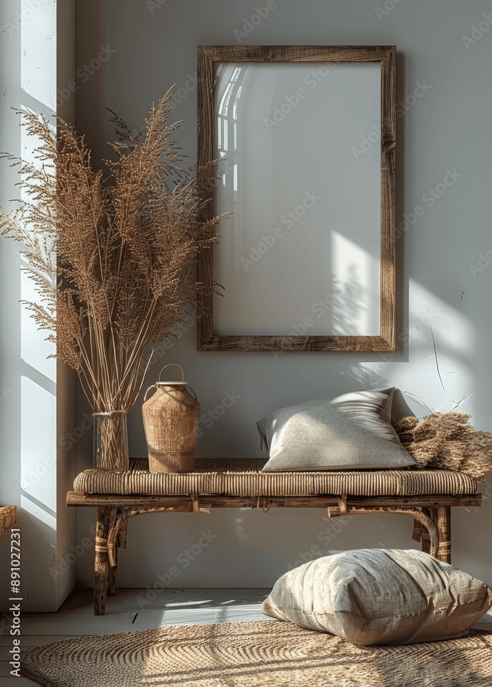 Poster boho style mockup poster frame on rattan table in white room with soft light and shadows