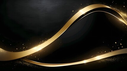Abstract banner design template black glossy with gold line and lighting effect on dark background and texture