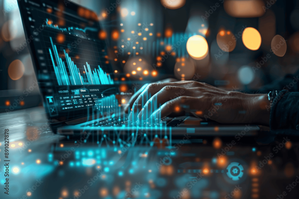 Poster businessman analyzes sales data and financial growth using laptop with virtual graphs for marketing 