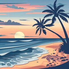 Fototapeta premium Illustration serene beach scene with palm trees, waves, and a sunset.