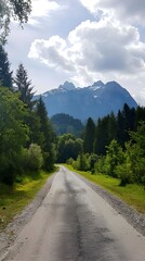 Naklejka premium Peaceful asphalt road in a green forest with mountain peaks in the background