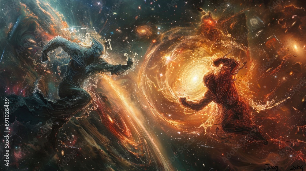Wall mural titans of cosmic entropy and celestial harmony locked in an eternal struggle amidst a backdrop of sw
